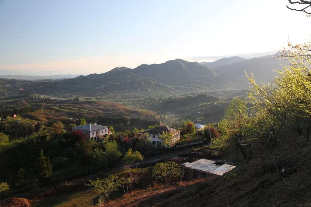 View over the village of Sakhalvasho and the hills of the Batumi bottleneck at sunrise