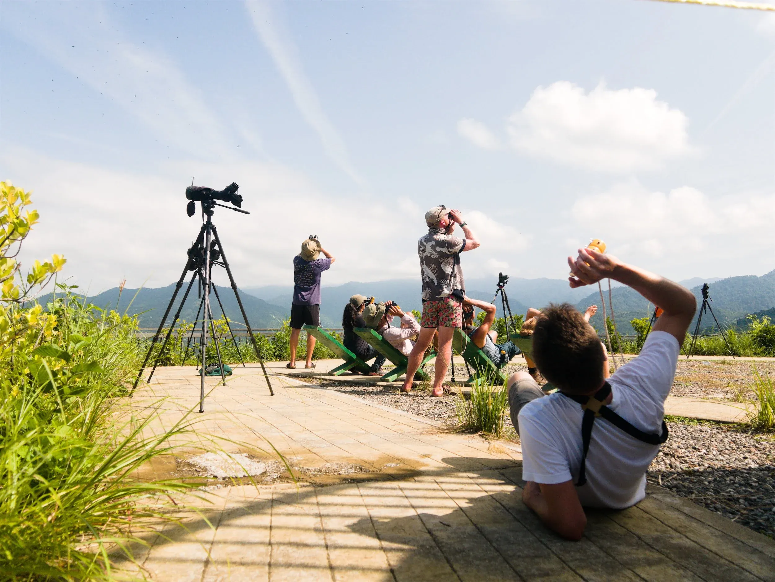 Counters watching the sky from the count station above Sakhalvasho on a bright day