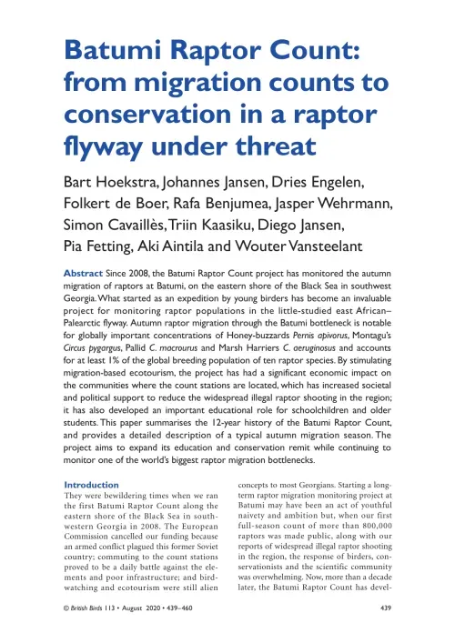 First page of “Batumi Raptor Count: from migration counts to conservation in a raptor flyway under threat”