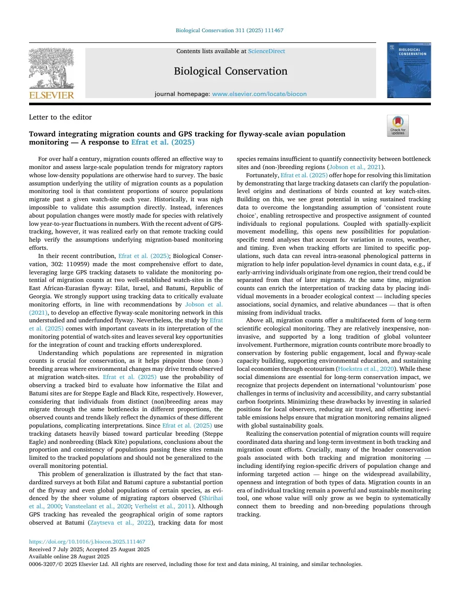 First page of “Toward integrating migration counts and GPS tracking for flyway-scale avian population monitoring — A response to Efrat et al. (2025)”