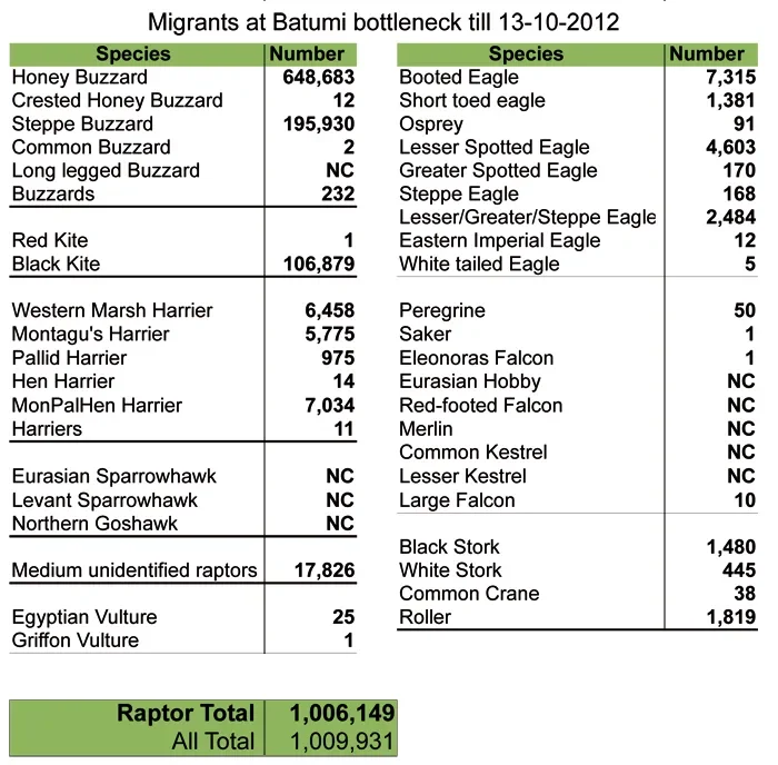 Table of migrants counted up to the 13th of October 2012. NC = not counted