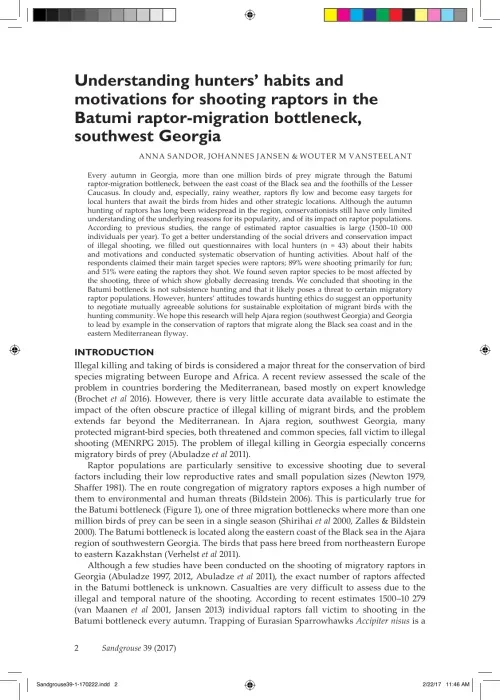 First page of “Understanding hunter's habits and motivations for shooting raptors in the Batumi raptor-migration bottleneck, southwest Georgia”
