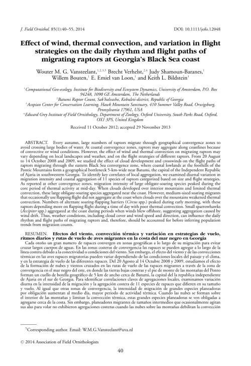 First page of “Effect of wind, thermal convection, and variation in flight strategies on the daily rhythm and flight paths of migrating raptors at Georgia's Black Sea coast”