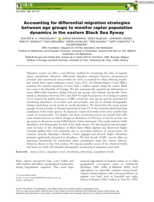 First page of “Accounting for differential migration strategies between age groups to monitor raptor population dynamics in the eastern Black Sea flyway”